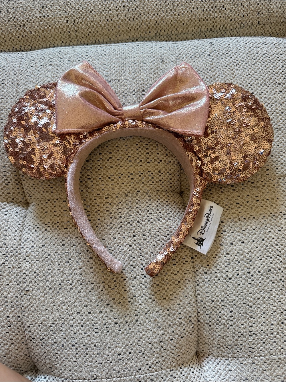 Disney Rose Gold Sequin Minnie Ear Headband with Satin Bow